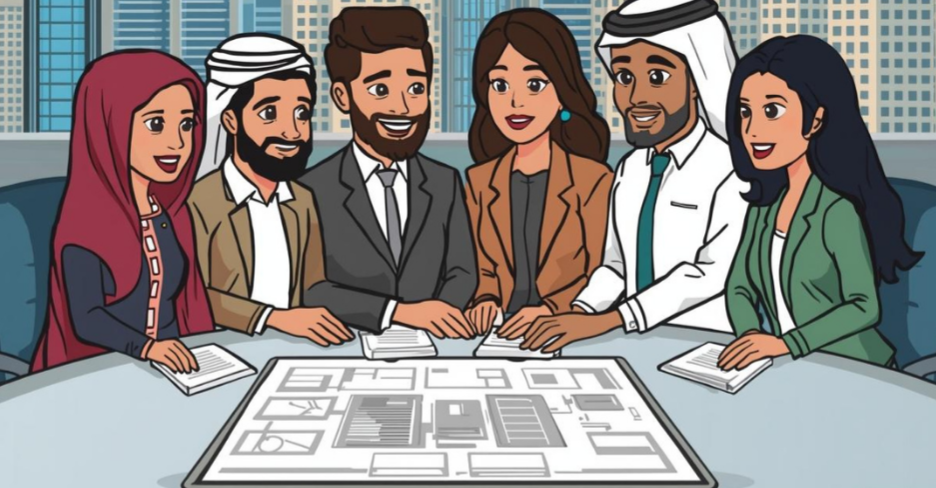 : "Owners Association Management professional reviewing building plans during construction phase"